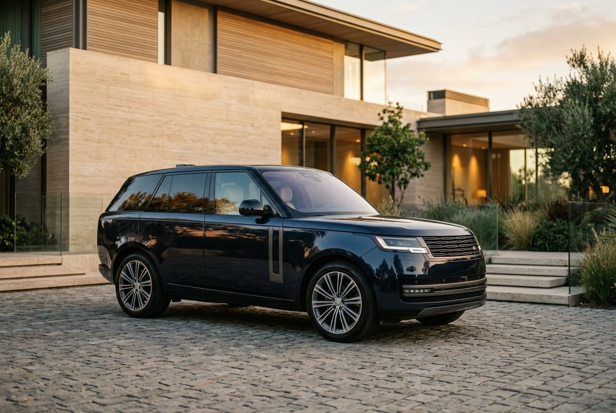 SUV de luxo estacionado diante de residência contemporânea ao entardecer